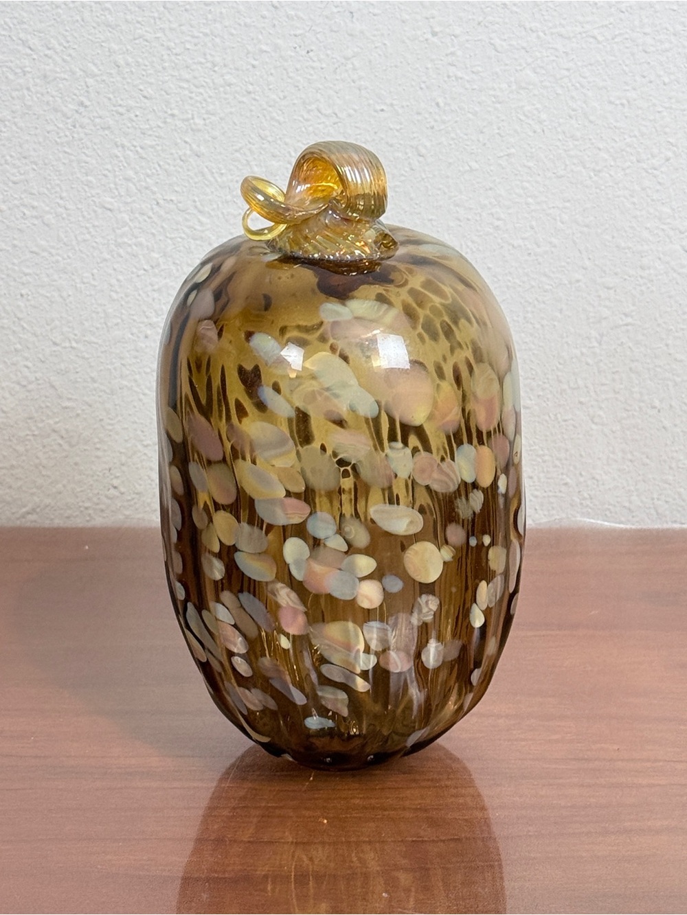 Handblown Artisan Amber Art Glass Pumpkin Sculpture 10-inch Signed